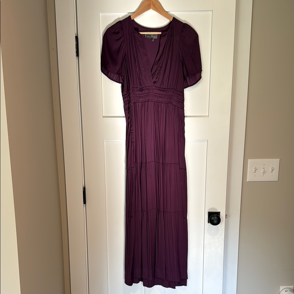 Anthropologie Ruched Maxi Dress in Purple with Puff Sleeves